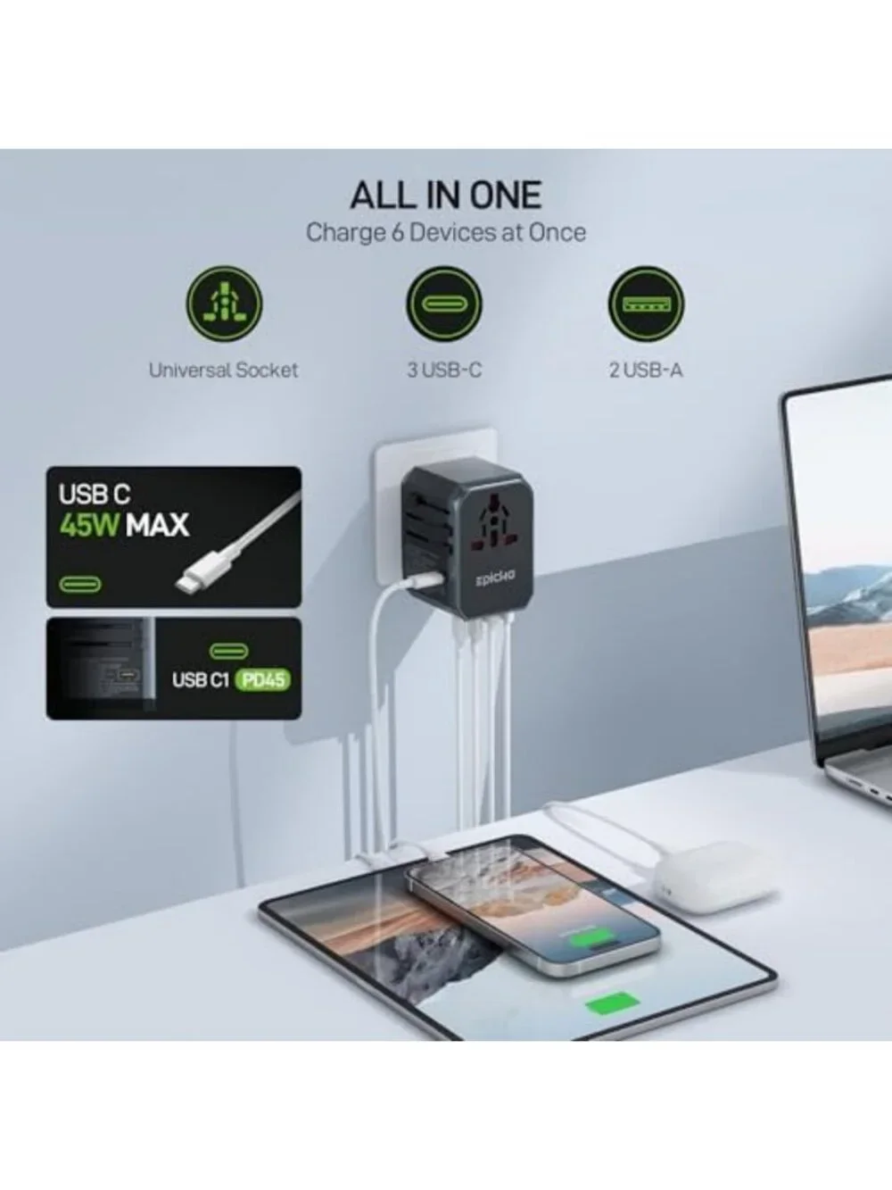 Universal 45W Travel Adapter with PD & QC, 1 AC Port, 4 USB-C & 1 USB-A Ports